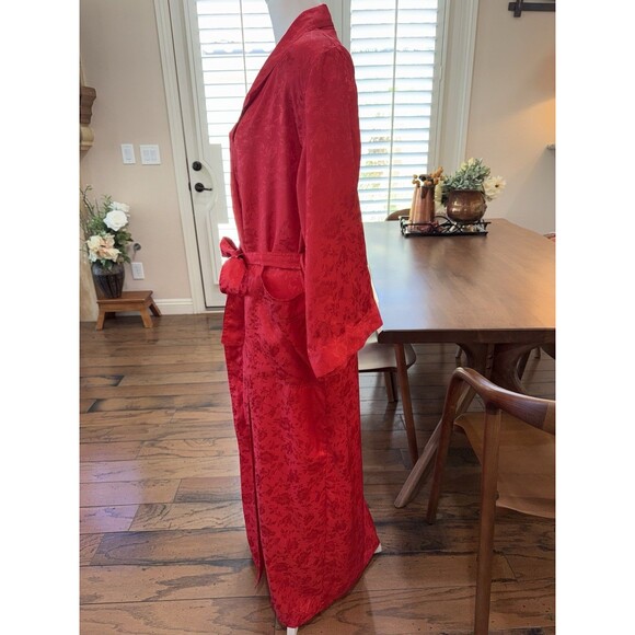 VTG Victoria’s Secret Red Floral Satin Robe M/L Korea Silky Wrap Belted Lounge - Picture 3 of 11